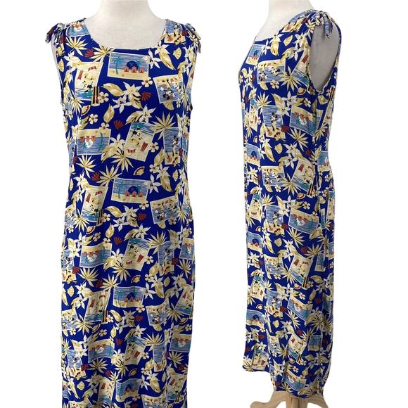 Vintage Disney Dress Mickey & Minnie Mouse Tropical Luau Print Midi Blue Medium - Picture 1 of 11